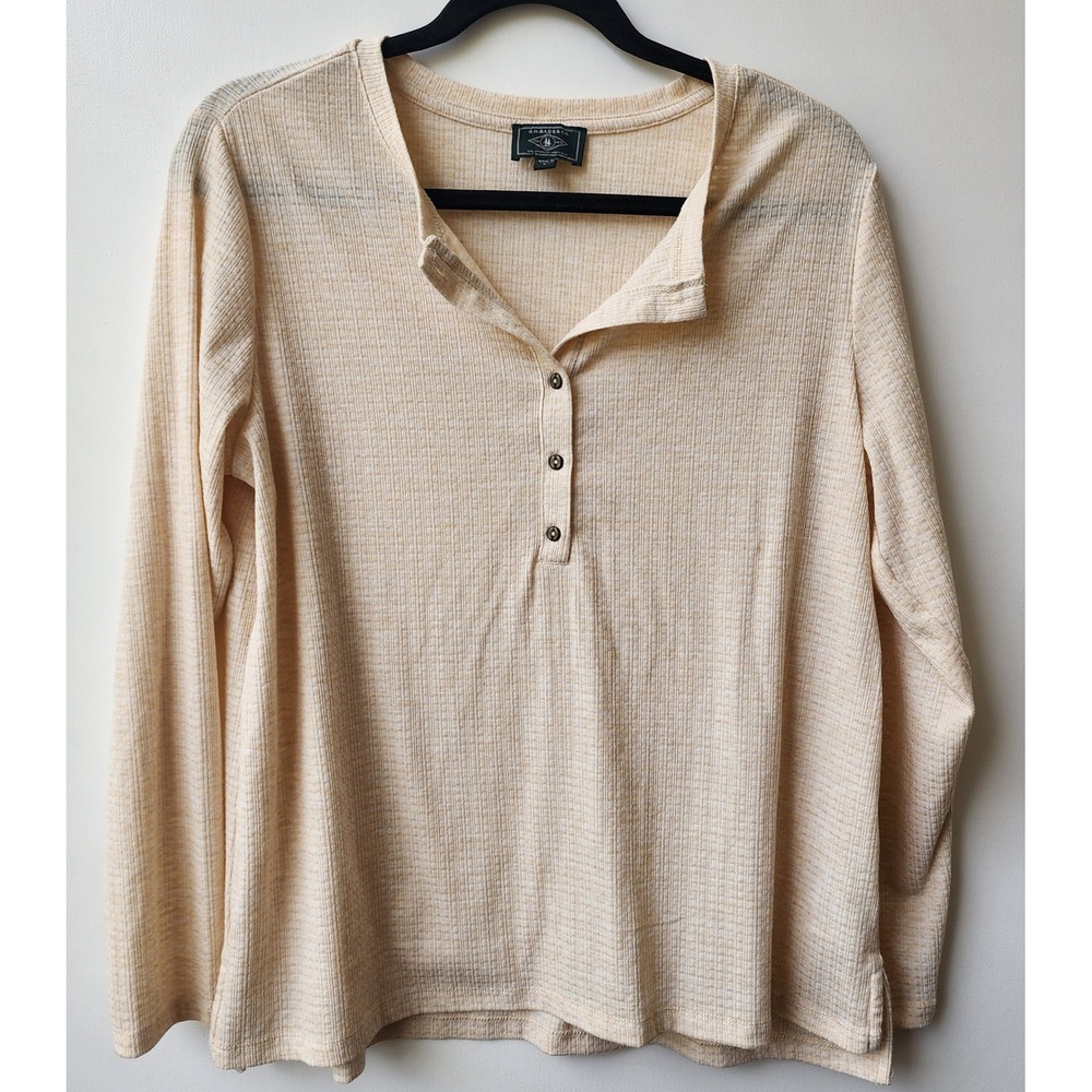 GH Bass Womens Cream Waffle Knit Long Sleeve Henley Top Beige‎ Large 5 Buttons
